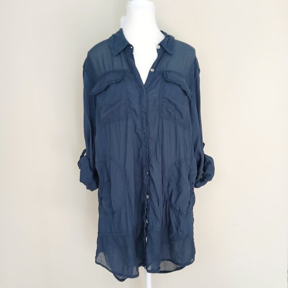 Anthropologie Holding Horses Oversized Button Up Semi Sheer Tunic Navy Large - Picture 2 of 8